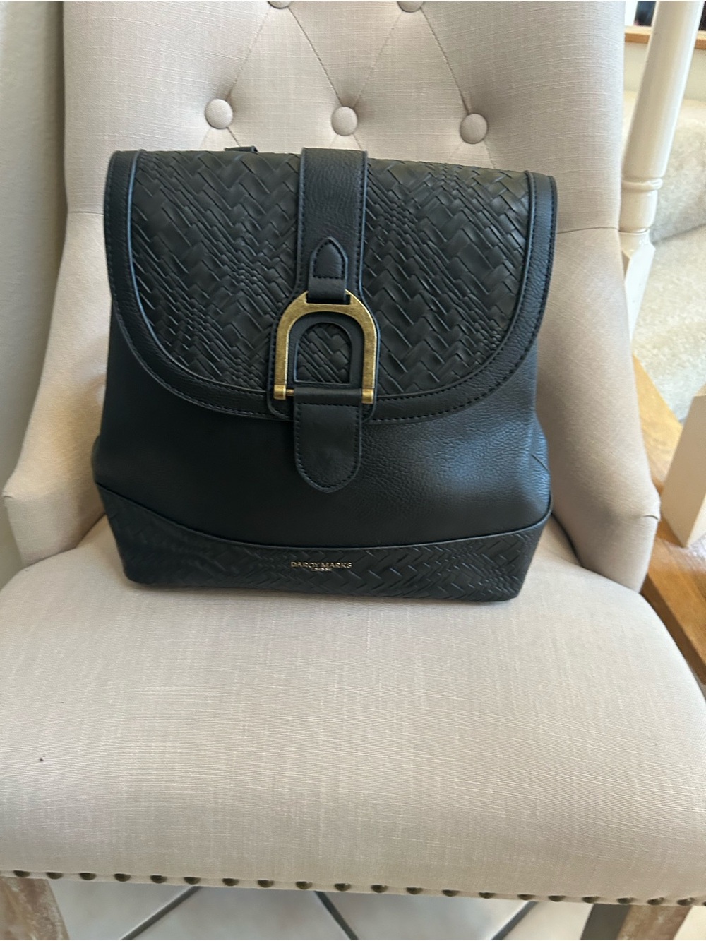 Darcy Marks Black Texture Leather Backpack with Gold Buckle